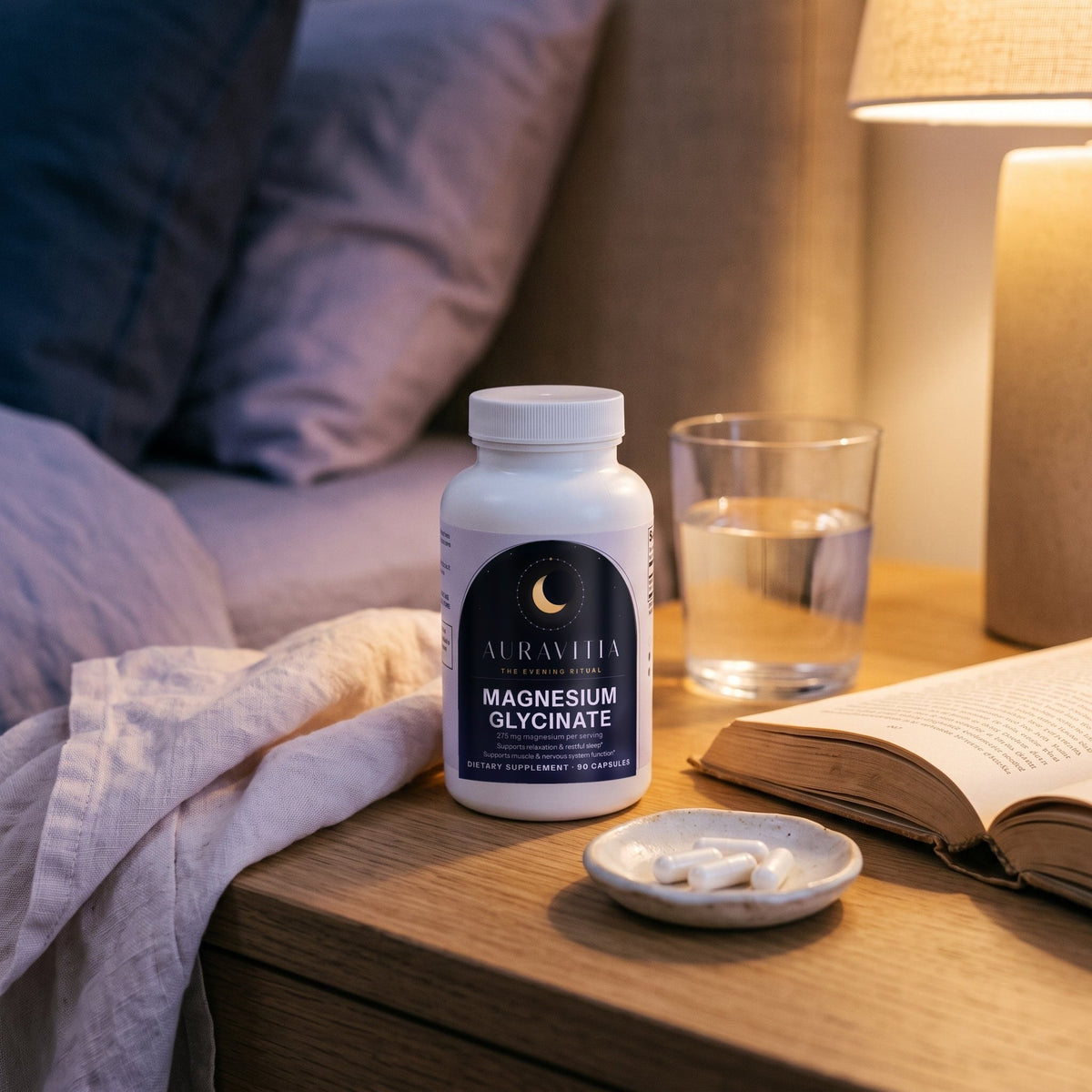 Auravitia Magnesium Glycinate on a bedside table at night, with a glass of water, three capsules and an open book