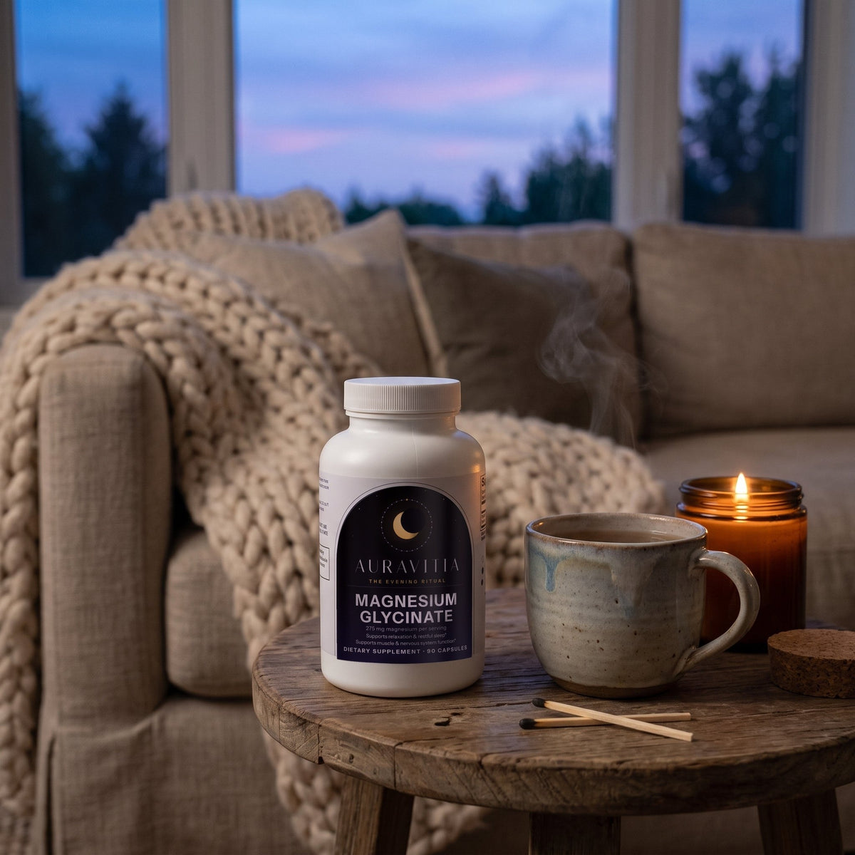 Auravitia Magnesium Glycinate on a side table at dusk next to a cup of tea and a candle
