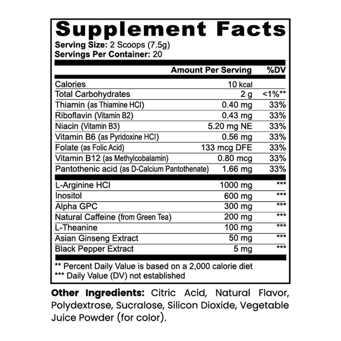 Focus Powder Sour Grape Supplement Facts panel
