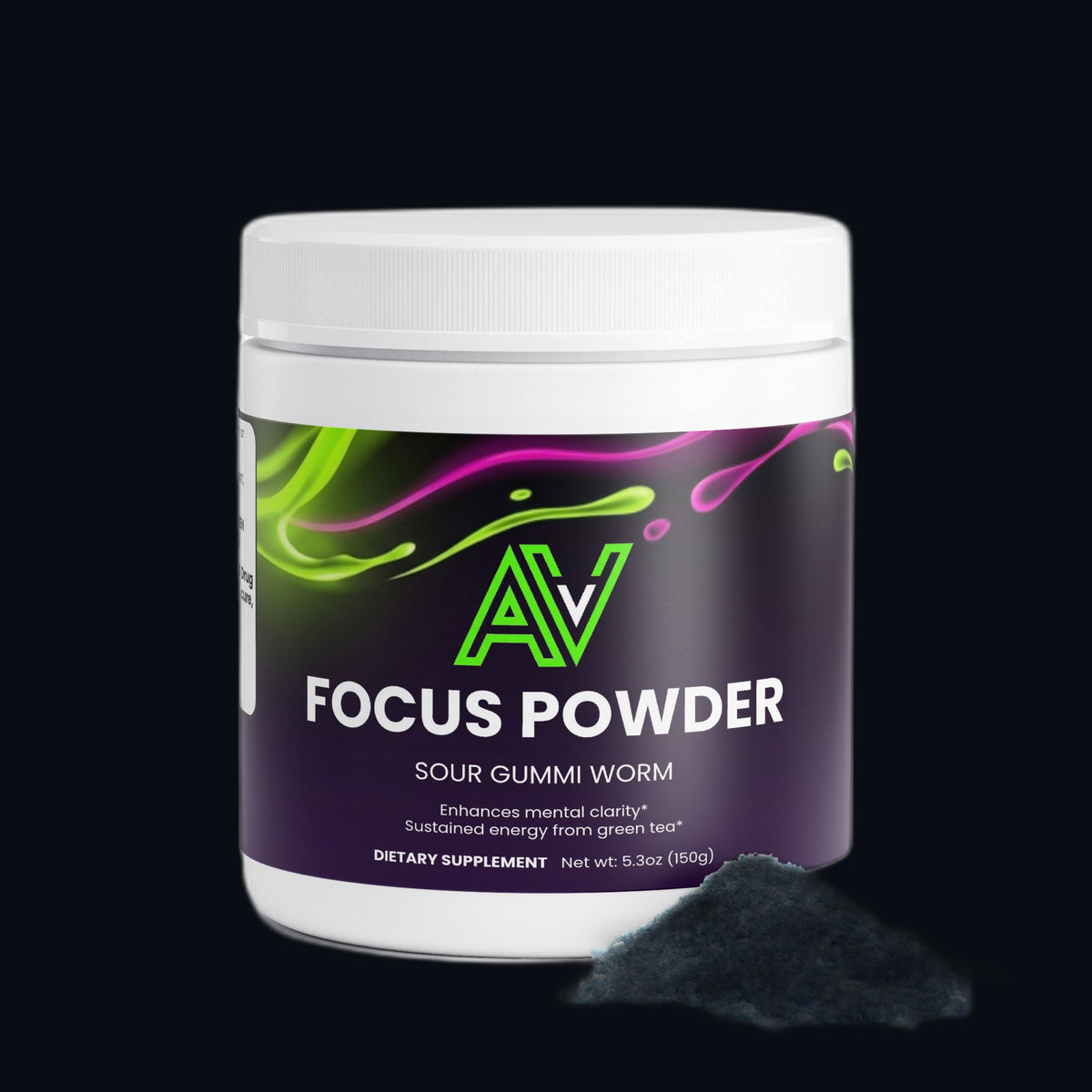 Focus Powder (Sour Gummi Worm) — product photo on dark background
